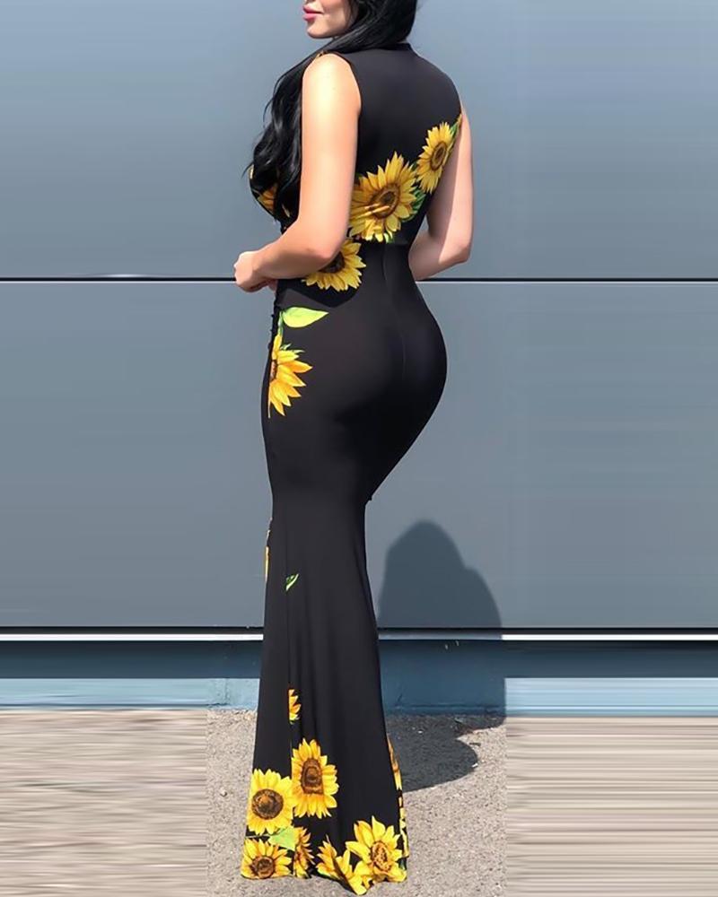 Plunge Sunflower Print High Slit Party Dress - Image 3
