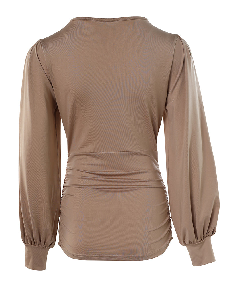 Deep V-Neck Lantern Sleeve Ruched Blouse Casual Slim Fit Top - Image 5