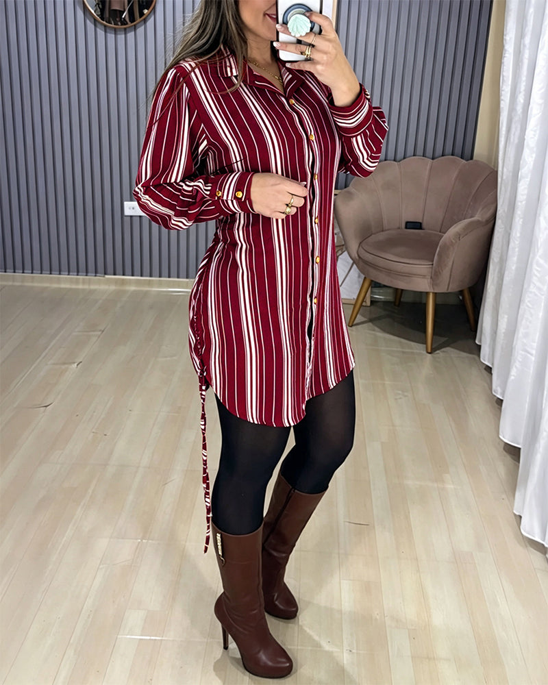 Women's Striped Shirt Dress Button Down Long Sleeve Shirred Waist Casual Dress - Image 20