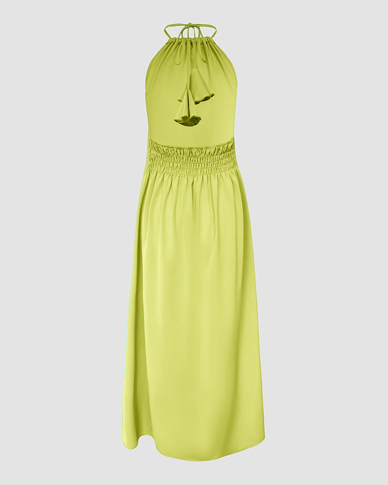 Halter Sleeveless Backless Maxi Dress Casual Shirred Back Side Slit Vacation Dress - Image 25