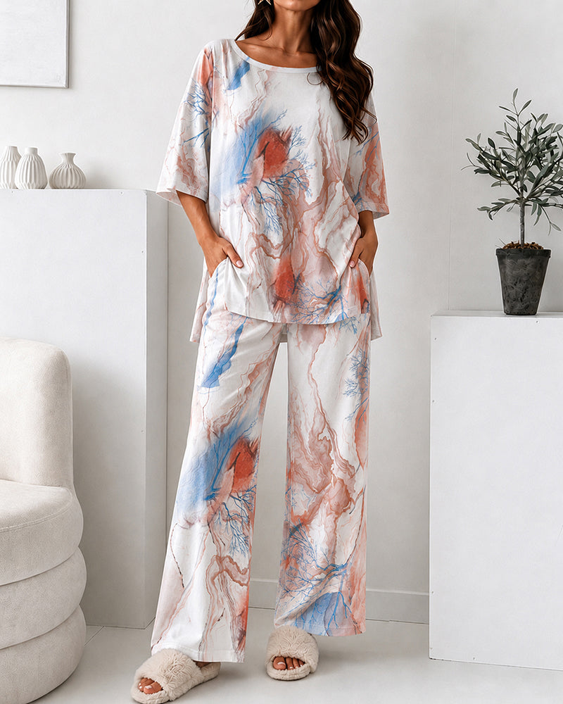 Women's 2 Piece Marble Print Pajama Set Half Sleeve Side Slit Top and Straight Leg Pants Casual Loungewear - Image 4