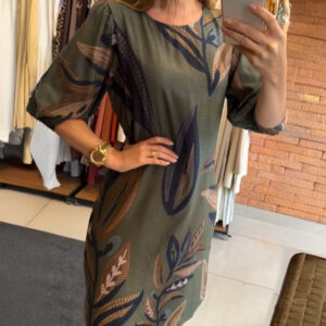 Plants Print Round Neck Half Sleeve Midi Dress