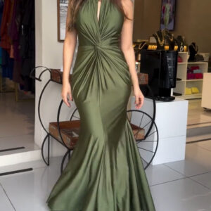 Women's Halter Tie Satin Maxi Dress Twist Front Cutout Backless Mermaid Cockail Dress Ruched Evening Party Dress
