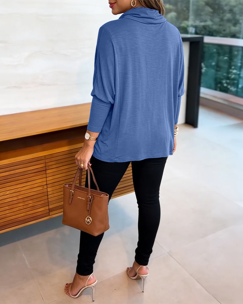 Women's Cowl Neck Batwing Sleeve Top Casual Long Sleeve Loose Pullover Comfortable Soft Drape Blouse - Image 9