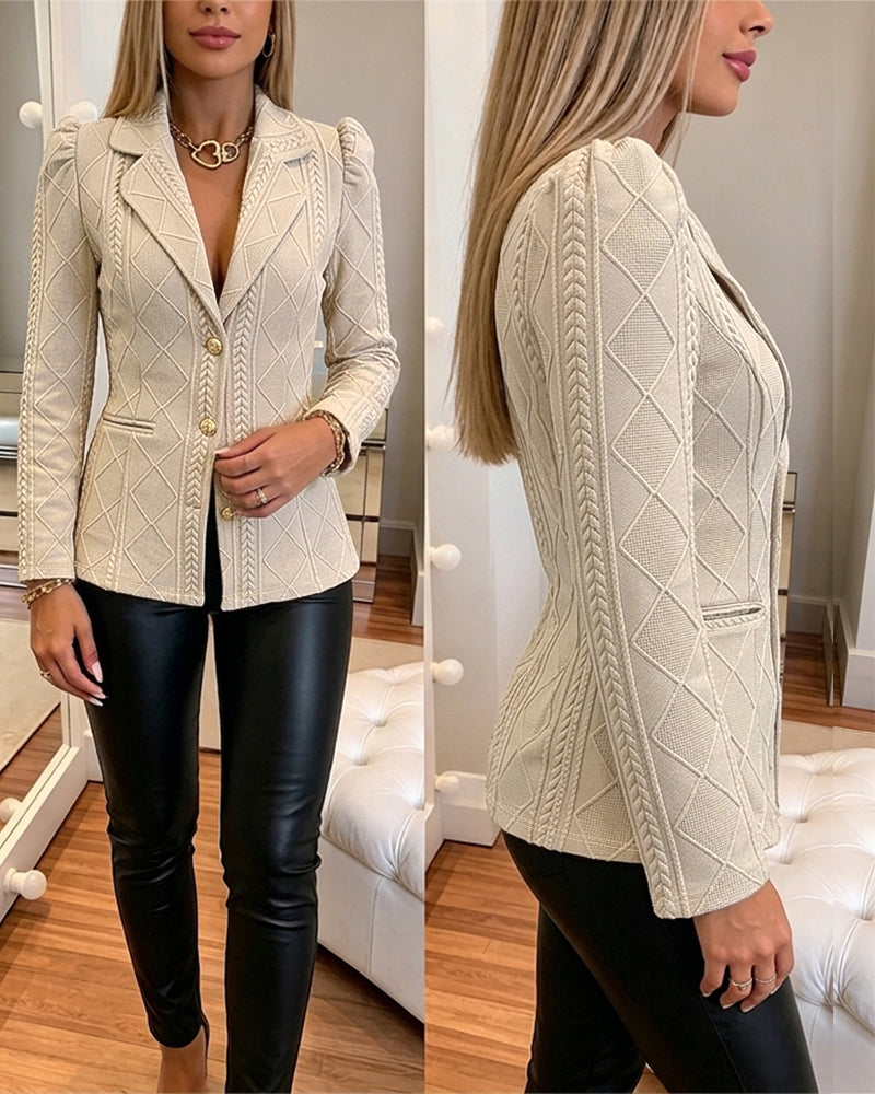 Women's Elegant Argyle Textured Blazer Slim Fit Puff Sleeve Suit Jacket Gold Button Work Office Commuter Blazer with Pockets - Image 5
