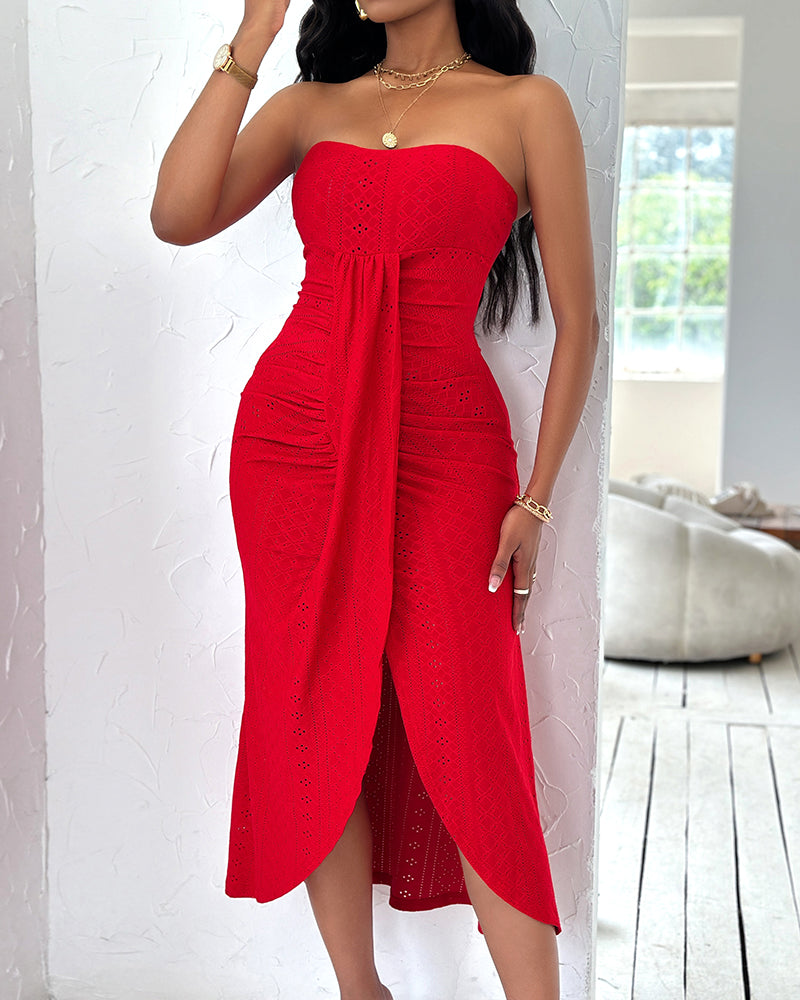 Sleeveless Ruched Cinched Waist Draped Bandeau Dress Eyelet Embroidery Slit Asymmetrical Hem Vacation Dress - Image 4