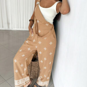 Vintage Embroidered Tribal Pattern Adjustable Straps Elastic Back Waist Suspender Jumpsuit with Front Bib Pocket