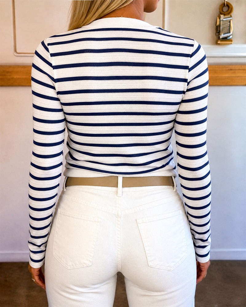 Women's Striped Crew Neck Knit Top Causal Gold Button Detail Long Sleeve Top - Image 2