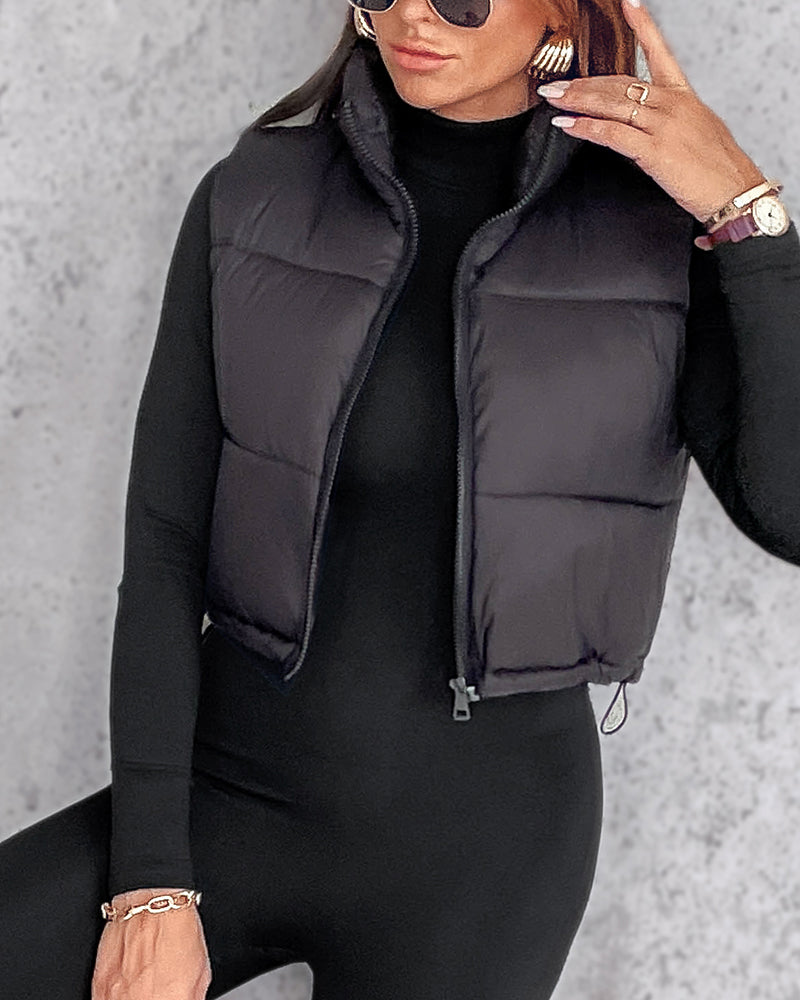 Stand Collar Zip Up Lightweight Cropped Puffer Vest Sleeveless Drawstring Hem Padded Coat - Image 8
