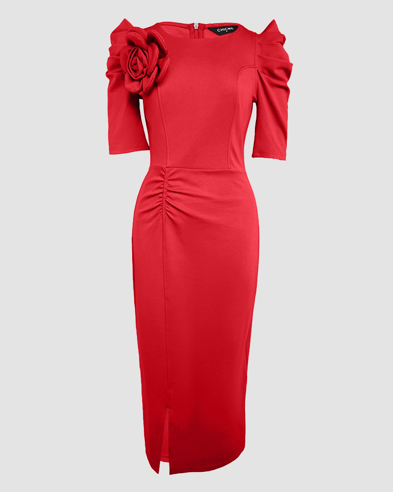 3D Flower Decor Round Neck Puff Sleeve Bodycon Dress Casual Ruched Slit Zipper Back Work Dress - Image 12