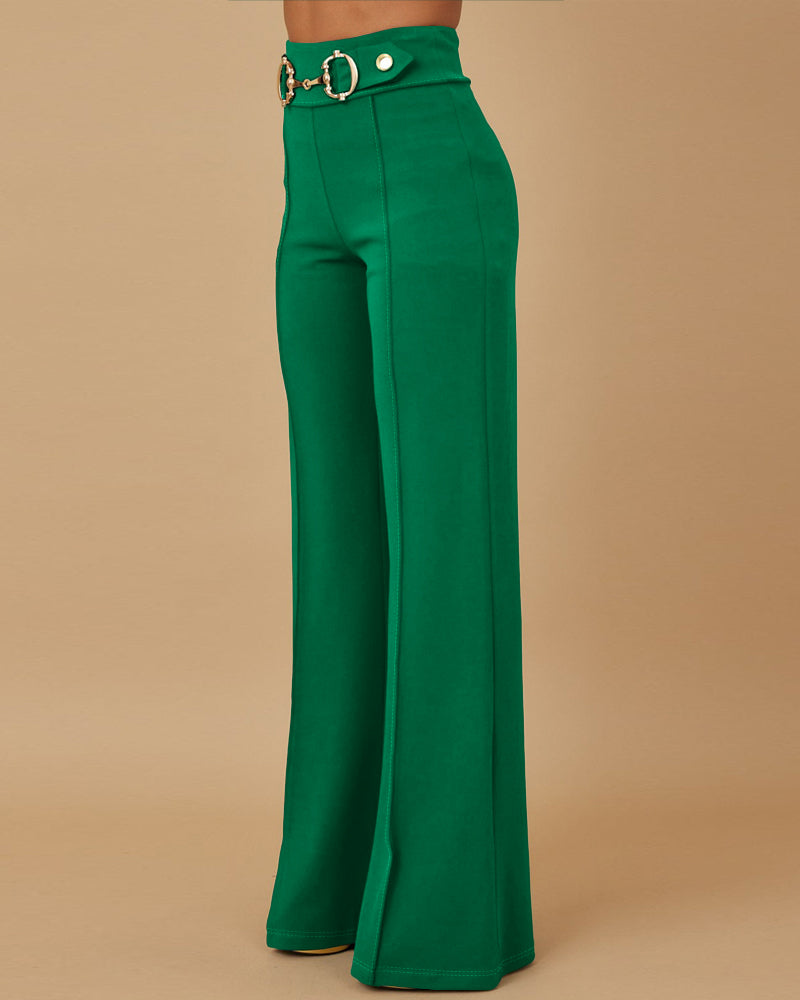 Metal Button Decor High Waist Casual Straight Leg Work Pants - Image 4