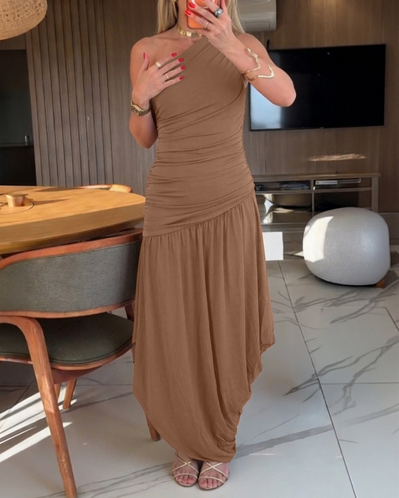 Women's One Shoulder Ruched Side Bodycon Dress Asymmetrical Hem Sleeveless Slim Fit Party Dress - Image 8