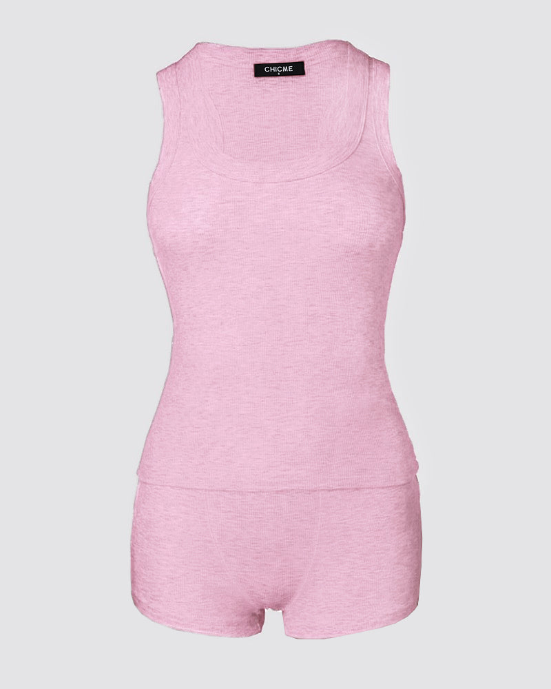 2PCS Micro-Ribbed U-Neck Tank Top & Boxer Set Cozy Loungewear - Image 24