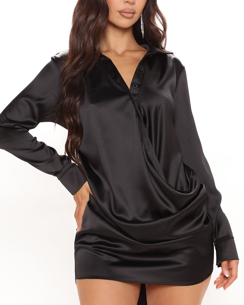 Women's Satin Shirt Dress V Neck Button Decor Mini Dress Ruched High Waist Dress - Image 3