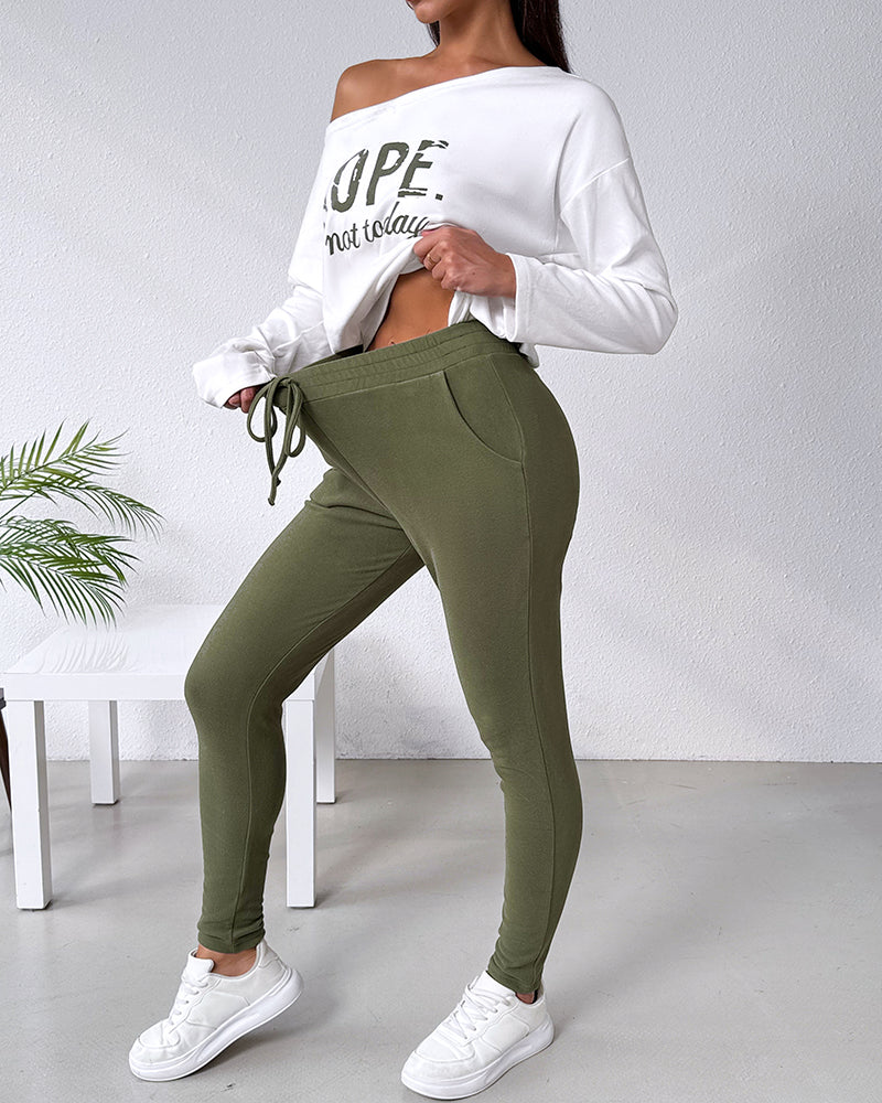 2 Pieces Outfit Nope. Not Today Slogan Print Skew Neck Long Sleeve Pullover Top And Casual Drawstring Stretchy Waist Slim Fit Pants Set - Image 6