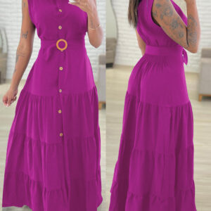 Turn-down Collar Sleeveless Button Front Dress Casual Belted Slit Ruched Maxi Dress