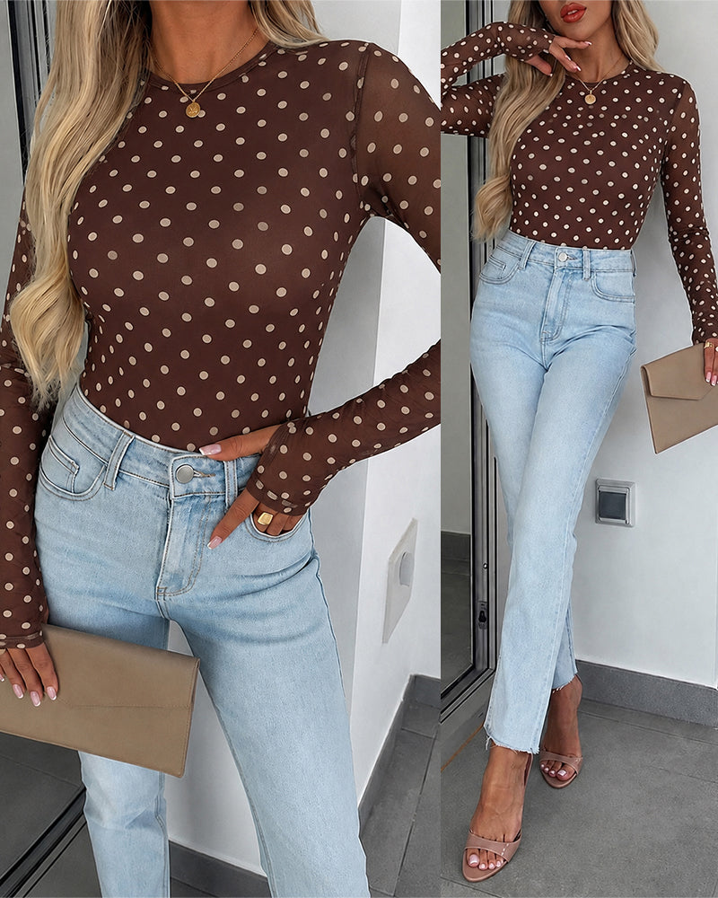 Women's Mesh Polka Dot Top Lined Sheer Long Sleeve Tee Crewneck Slim Fit Layering Under Base Top with Thumbholes - Image 10