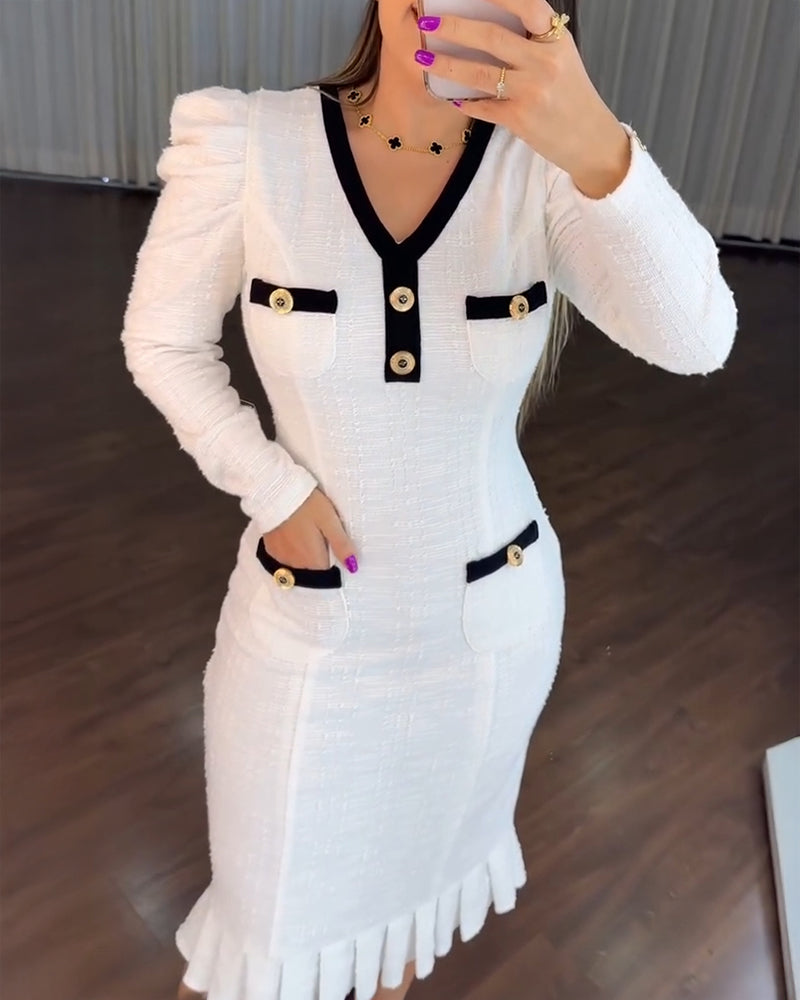 Button Decor Contrast Paneled V-Neck Puff Sleeve Zipper Back Commuting Dress Pockets Design Pleated Hem Tweed Dress - Image 6
