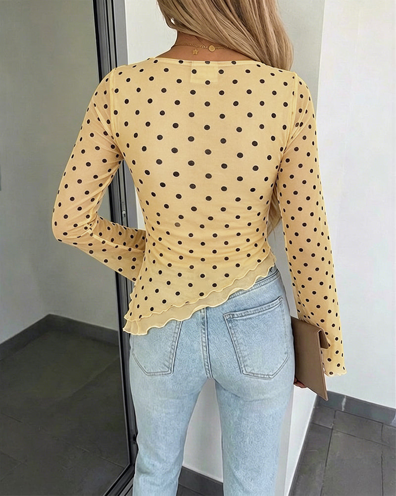 Women's Polka Dot Mesh Top Flare Long Sleeve Boat Neck Lined Asymmetric Frill Hem Blouse Vintage Party Shirt - Image 10