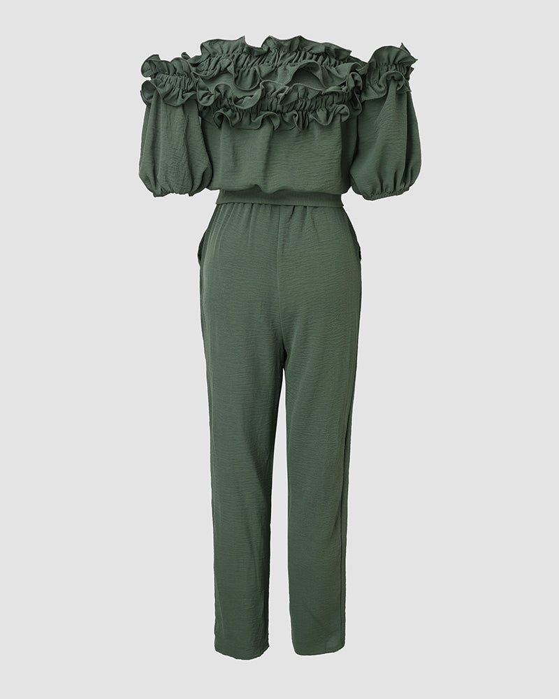 Frill Trim Off Shoulder Short Sleeve Tie Waist Overalls Casual Textured Jumpsuit - Image 19