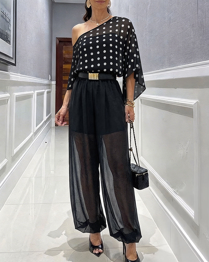 Women's 3 Piece Outfits Polka Dot Skew Neck Cape Top and Sheer Lantern Pants Set with Camisole Liner Party Clubwear - Image 5