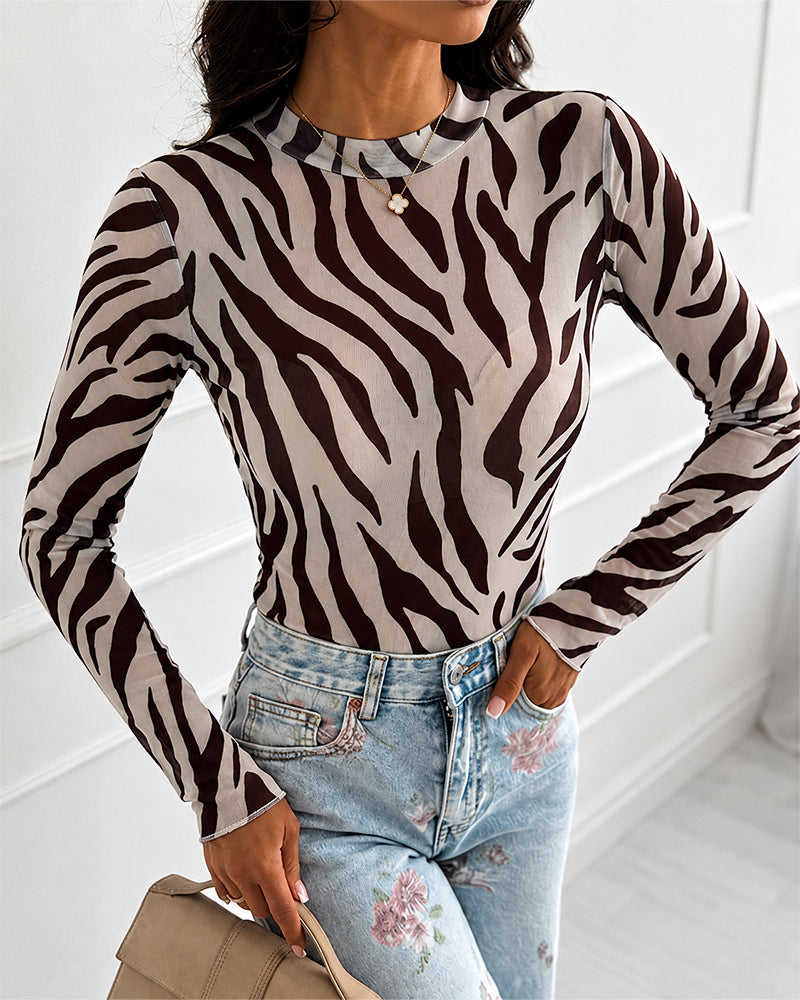 Women's Vintage Zebra Stripe Print Sheer Mesh Top Mock Neck Long Sleeve Slim Fit Frill Hem Layering Top - Image 4
