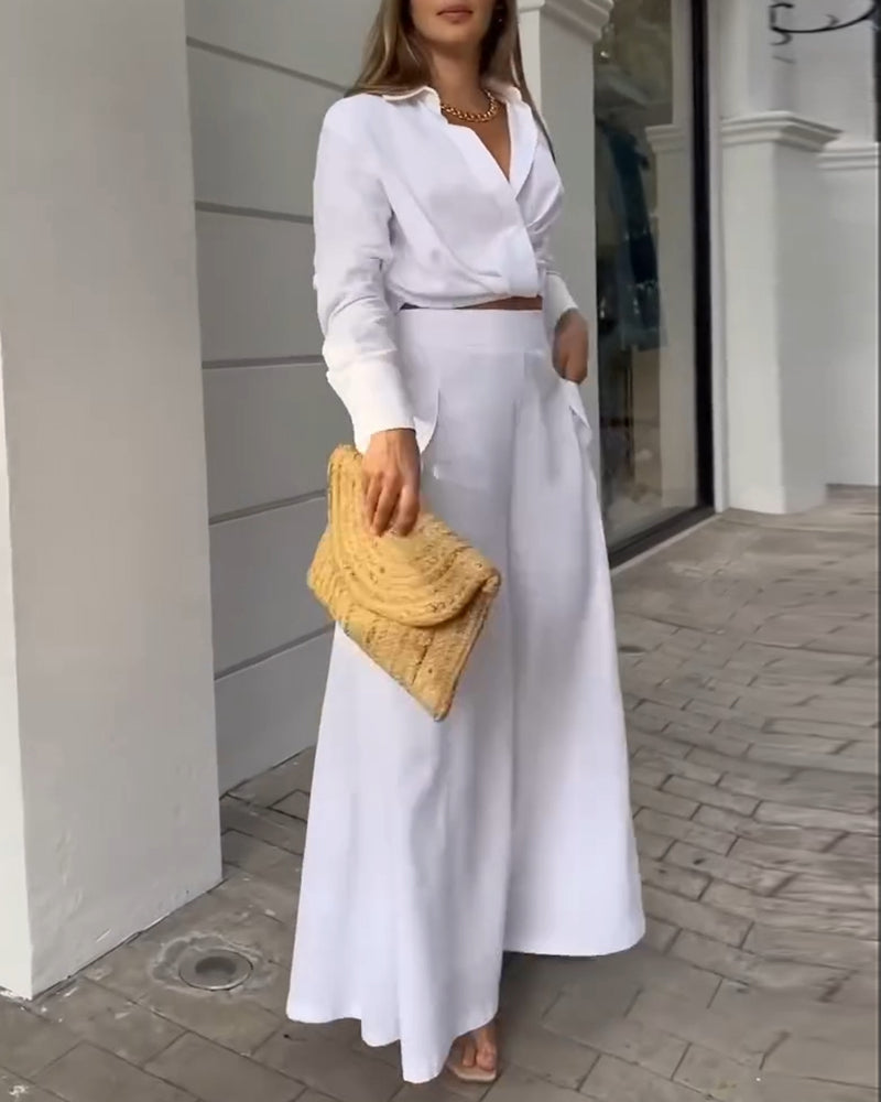 2 Pieces Outfit Turn-down Collar Long Sleeve Ruched Stretchy Hem Crop Top and Casual Elastic Back Waist Pockets Design Wide Leg Pants Set - Image 5