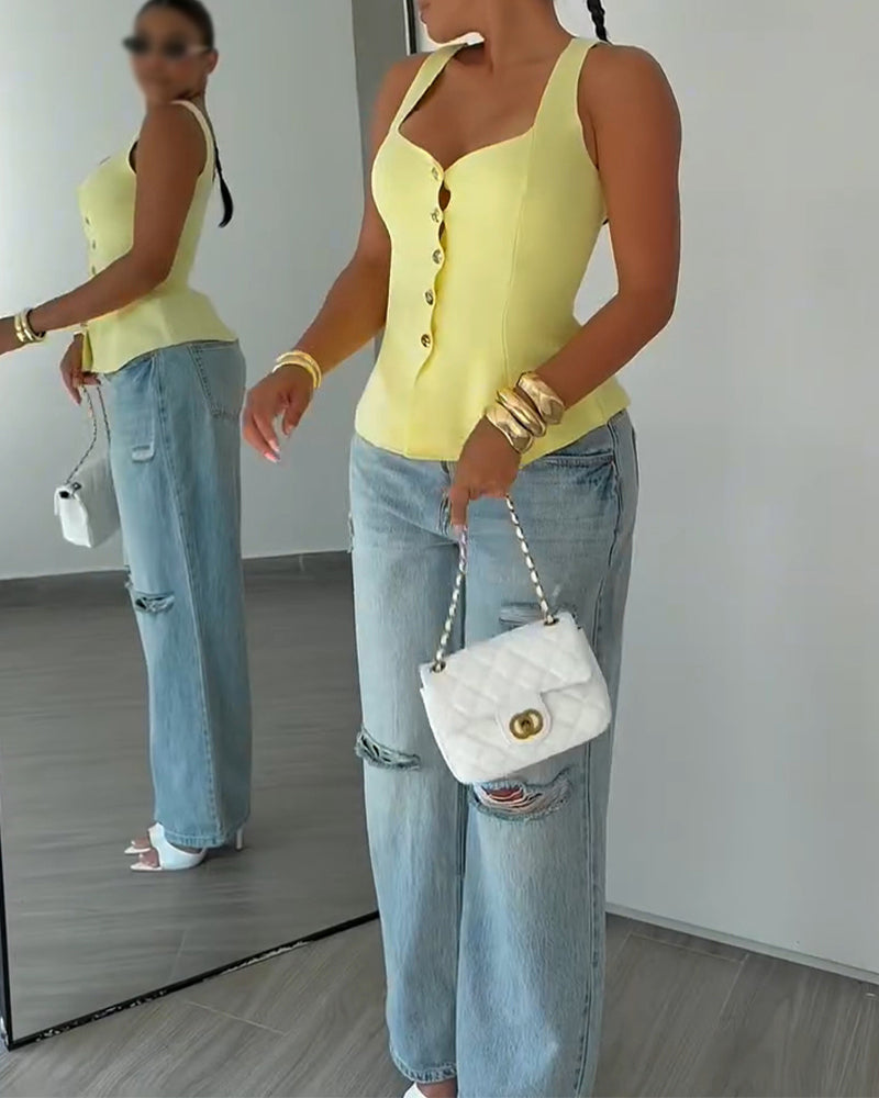 Women's Square Neck Knit Tank Top Gold Button Cinch Waist Peplum Vest - Image 4