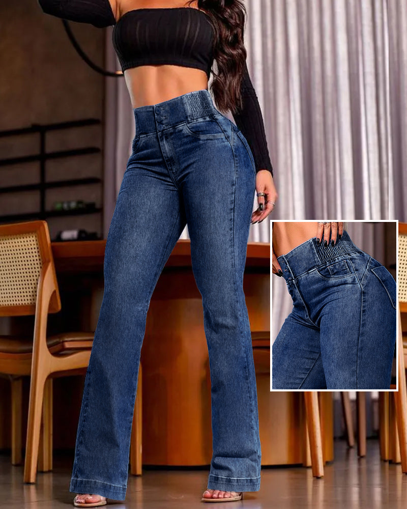 ChicMe CurveEase Back Shirred Button Front High Waist Jeans Skinny Flared Denim Jeggings - Image 10