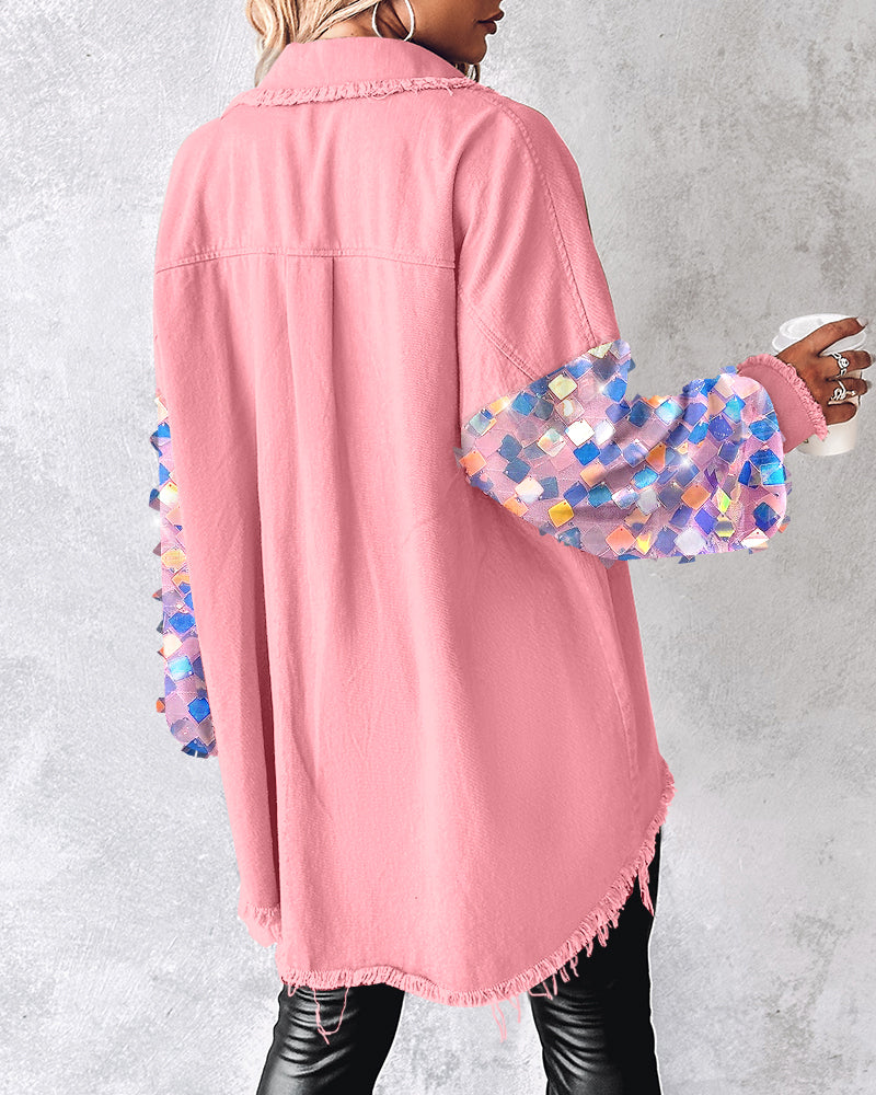 Contrast Sequin Long Sleeve Jacket Top Button Front Raw Hem Loose Fit Shacket - Image 2