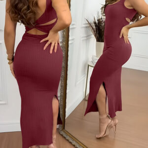 U-Neck Sleeveless Backless Twist Back Side Slit Knit Dress Slim Fit Versatile Ribbed Maxi Tank Dress