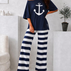 Women's Loungewear Set Anchor Print Side Slit Top and Striped Straight Leg Pants Set Casual Pajamas Set with Pockets