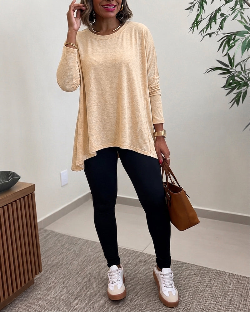 Women's Asymmetric Hem Long Sleeve Top Loose Fit Dropped Shoulder Crewneck Soft Slouchy Casual Tee - Image 5