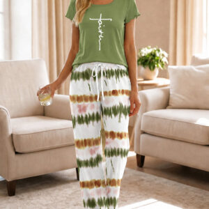 Women's Two Piece Pajama Set Faith Letter Print Short Sleeve Top and Tie Dye Straight Leg Pants Casual Lounge Set