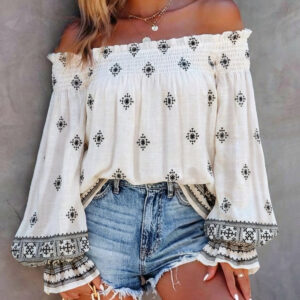 Vintage Tribal Placement Print Shirred Off Shoulder Flared Cuffs Blouse Casual Frill Trim Boho Top