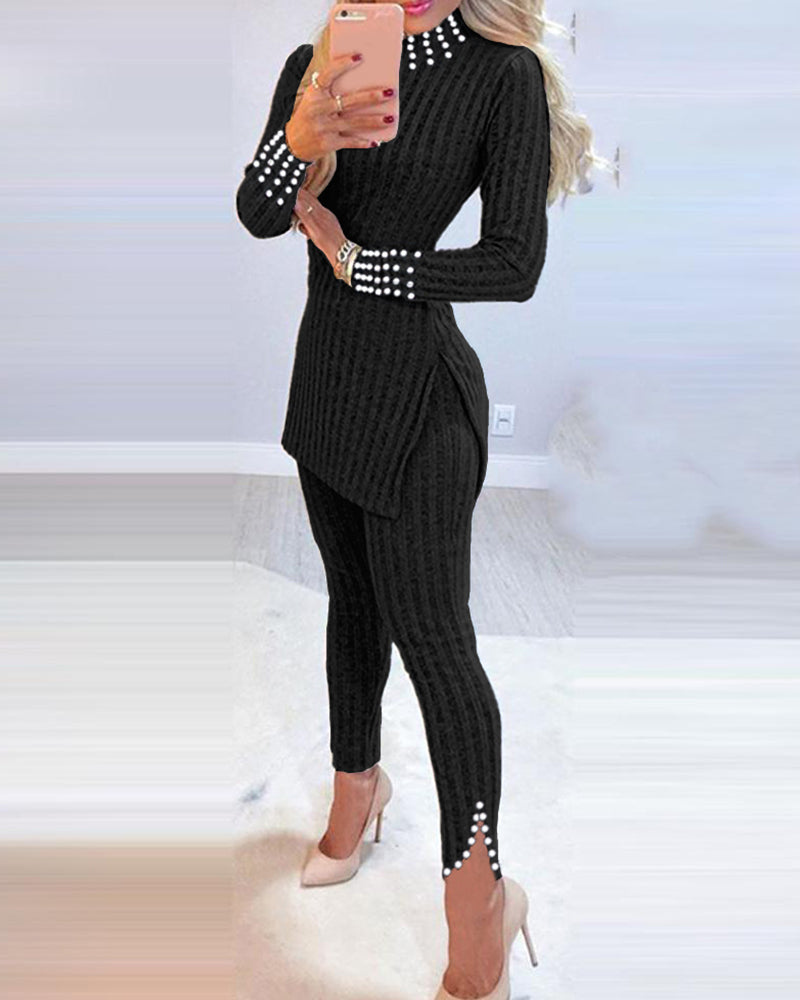 2 Piece Outfits Long Sleeve Beaded Side Slit Knit Top High Waist Skinny Pants Lounge Sets - Image 2