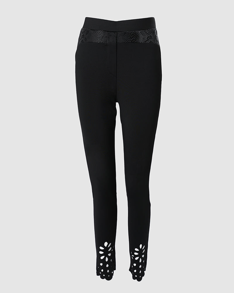 Floral Hollow Out Asymmetrical Hem Elastic Waist Skinny Pants - Image 6