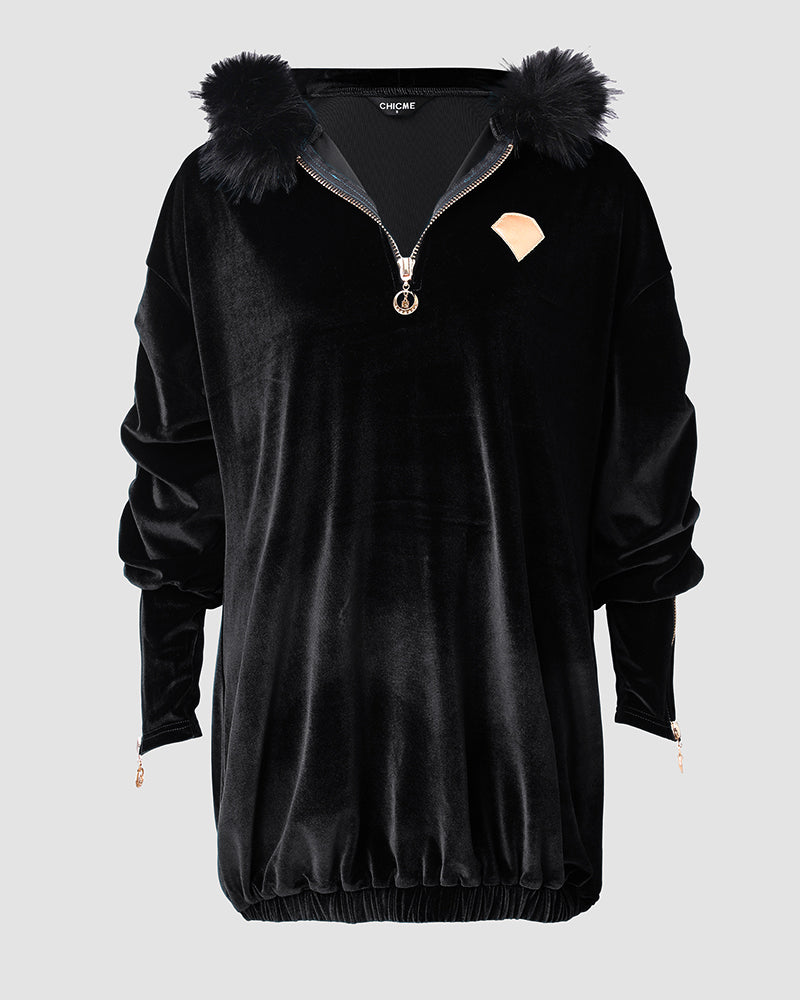 Velvet Fuzzy Trim Hooded Mini Dress Long Sleeve Zipper Design Sweatshirt Pullover Casual Dress - Image 16