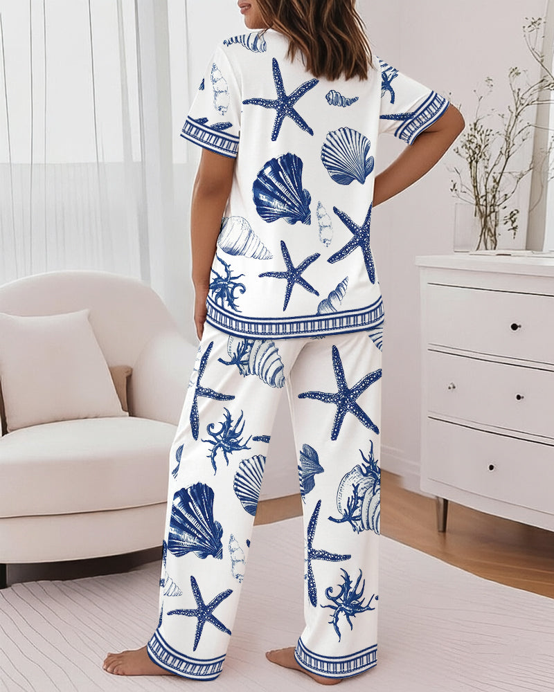Women's 2 Piece Ocean Style Print Lounge Sets Short Sleeve T Shirt and High Waisted Wide Leg Pants Pajamas Sets with Pockets - Image 4