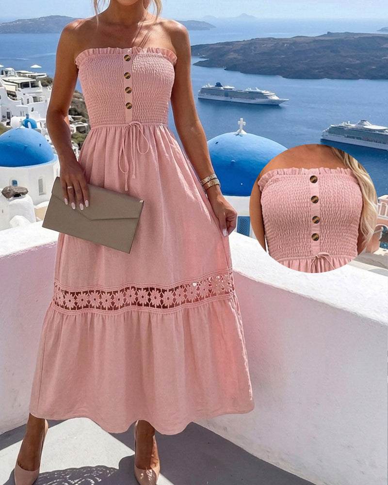 Women's Strapless Shirred Maxi Dress Lace Splice Tied Detail Frill Trim Sundress with Detachable Clear Straps - Image 2
