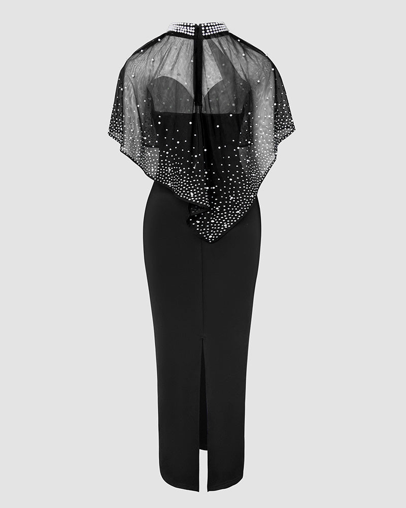 2 Pieces Outfit Detachable & Adjustable Spaghetti Straps Zipper Back Slit Slim Fit Maxi Dress and Rhinestone & Pearls Decor High Neck Zipper Back Sheer Mesh Poncho Cape - Image 7