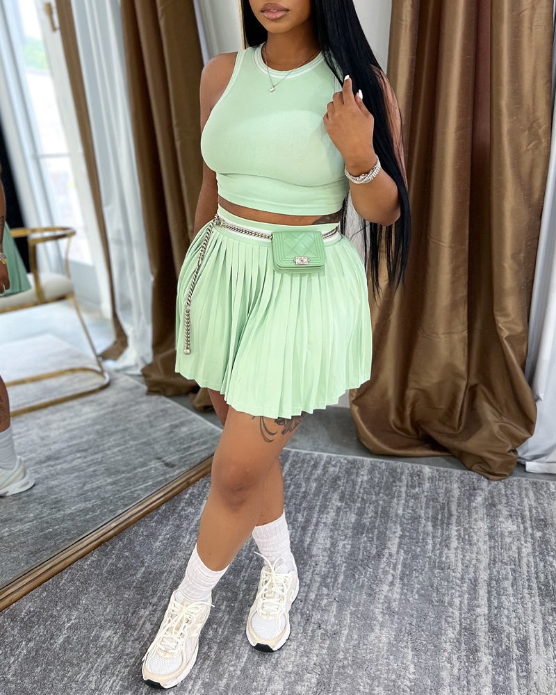 2 Pieces Outfit Round Neck Sleeveless Crop Tank Top and Elastic Waist Pleated Mini Skirt Set Casual Contrast Paneled Set - Image 8
