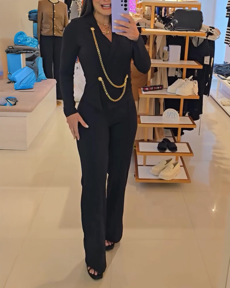 Chain & Button Decor Notched Collar Overlap V-Neck Slit Spliced Overalls Casual High Waist Seam Front Zipper Back Jumpsuit - Image 3