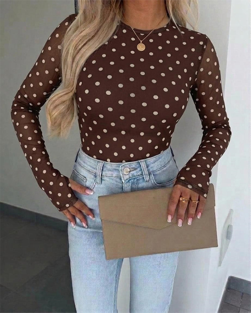 Women's Mesh Polka Dot Top Lined Sheer Long Sleeve Tee Crewneck Slim Fit Layering Under Base Top with Thumbholes - Image 8