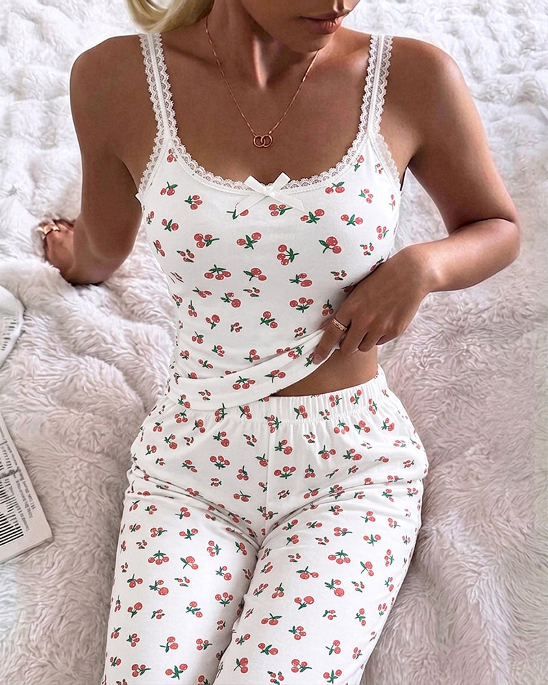 Women's Ditsy Floral Lace Trim Loungewear Set Slim Fit Cami Top and Straight Leg Pants Casual Pajamas Set - Image 5