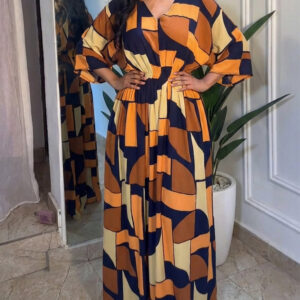 Colorblock Geometric Print V-Neck Batwing Sleeve Ruched Waist Overalls Casual Cinched Waist Wide Leg Jumpsuit