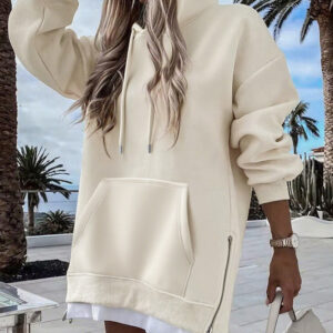 Long Sleeve Pocket Design Pullover Sweatshirt Casual Faux Two Piece Longline Drawstring Hooded Top