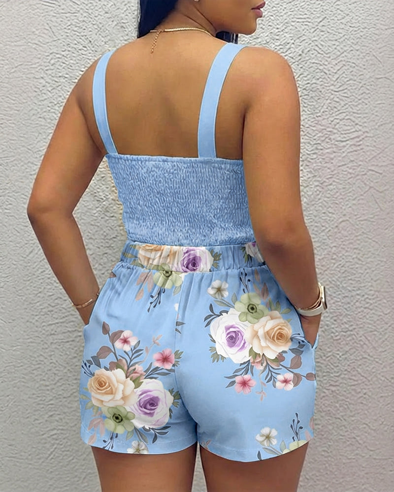 2 Pieces Outfit Rhinestone & 3D Flower Decor Thick Strap Shirred Back Crop Cami Top and Casual Floral Print Elastic Back Waist Shorts Set - Image 2