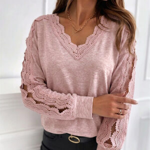Women's Lace Patchwork V-Neck Top Hollow Out Drop Shoulder Long Sleeve Knit Pullover Elegant Loose Fit Casual Tee