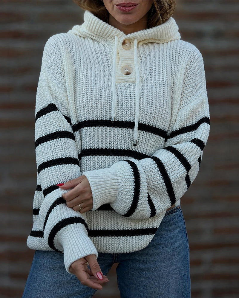 Women's Striped Henley Drawstring Hooded Sweater Loose Fit Lantern Sleeve Knit Pullover - Image 4
